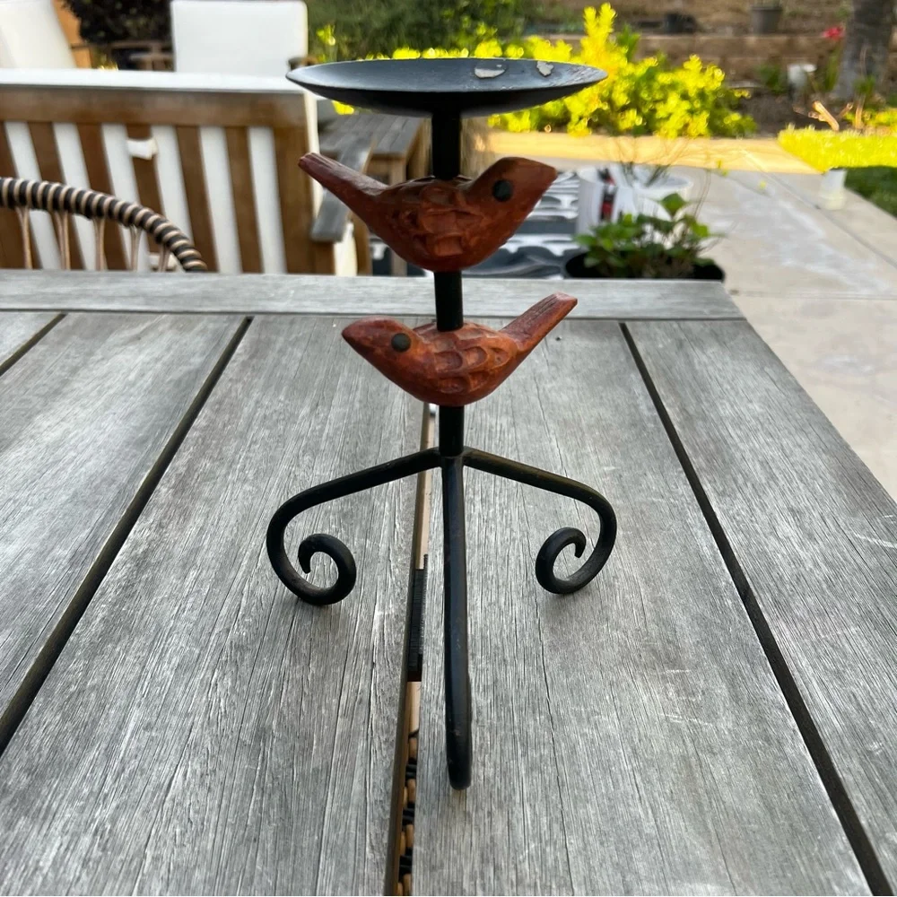 Wrought Iron Pillar Candle Holder with Wood Carved Birds 9